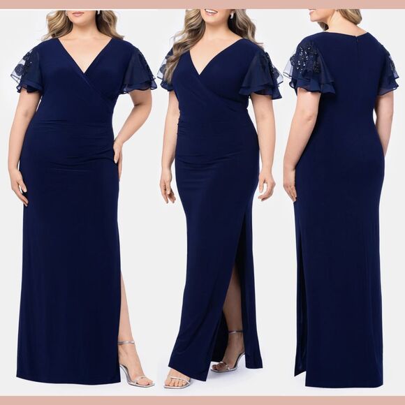 NEW Betsy & Adam [ 20W‎ ] Sequin V-Neck Flutter Sleeve Gown Navy Blue